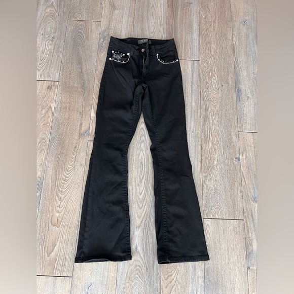 rebel jeans Denim - Black Flare Jeans with Stud & Chain Pocket Detail